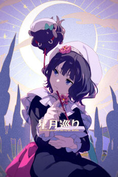 1girl beret black_dress blue_eyes blush breasts calligraphy_brush dress echo_(circa) eclipse fate/grand_order fate_(series) flower frills hair_flower hair_ornament hat katsushika_hokusai_(fate) katsushika_hokusai_(pilgrimage_on_the_starry_night)_(fate) looking_to_the_side medium_breasts octopus paintbrush paper purple_hair short_hair solar_eclipse toto-sama_(fate) translation_request white_hat