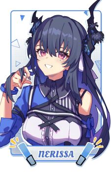 1girl asymmetrical_clothes asymmetrical_horns asymmetrical_sleeves black_hair blue_hair character_name demon_horns highres hololive hololive_english hololive_idol_uniform_(color_rise) horns idol_clothes long_hair mole multicolored_hair multicolored_shirt nerissa_ravencroft official_alternate_costume red_eyes simple_background smile solo uneven_horns virtual_youtuber yokura_(yukilina)