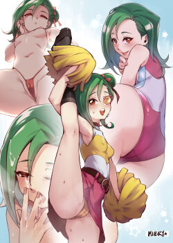 1girl :o :p arm_up armpits artist_name ass asymmetrical_bangs belt bikini black_footwear black_legwear blush breasts brown_belt brown_eyes cameltoe cheering cheerleader covered_erect_nipples cum cum_in_mouth cum_on_body cum_on_hair cum_on_tongue facial from_behind from_below green_hair hair_bun hair_ribbon half-closed_eyes highres holding holding_pom_poms kneepits leg_lift loafers loli looking_back mibry_(phrysm) micro_bikini miniskirt mizuki_kotori_(yu-gi-oh!) multicolored_hair multiple_views nail_polish navel no_bra nose_blush nude one-piece_swimsuit one_eye_closed open_mouth panties pink_nails pink_skirt pom_pom_(cheerleading) pom_poms red_bikini red_eyes red_ribbon ribbon scouter shirt shoes short_hair single_hair_bun skirt sleeveless sleeveless_shirt small_breasts smile split standing standing_on_one_leg standing_split string_bikini sweat swimsuit tinted_eyewear tongue tongue_out two-tone_hair underwear untying yellow-tinted_eyewear yellow_panties yu-gi-oh! yu-gi-oh!_zexal