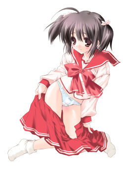 1girl ahoge black_hair blush bobby_socks bow bow_panties breasts brown_eyes cameltoe closed_mouth clothes_pull commentary_request full_body hair_ribbon kneeling leaning light_smile long_sleeves looking_at_viewer midriff open_clothes open_skirt panties pleated_skirt pulling_own_clothes red_skirt ribbon school_uniform serafuku short_twintails sidelocks simple_background skirt skirt_pull small_breasts smile socks solo tanimura_marika to_heart_(series) to_heart_2 twintails underwear undressing white_background white_panties white_socks yuzuhara_konomi
