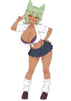 1girl absurdres amesuku_gyaru animal_ears blush bra bra_peek breasts cleavage collarbone commentary_request dark-skinned_female dark_skin dot_nose dress_shirt fang full_body fumotaru green_hair gyaru hand_on_own_hip highres kogal large_breasts leaning_forward loafers looking_at_viewer loose_socks medium_hair miniskirt navel open_mouth orange_eyes original panties panty_straps pleated_skirt purple_bra purple_panties shirt shoes simple_background skin_fang skirt sleeves_rolled_up smile socks solo tied_shirt underwear v white_background white_shirt white_socks