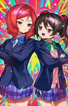 Rule 34 | black hair, blue bow, blue jacket, bow, buttons, commentary request, crossed arms, eye contact, green bow, hair bow, heart, height difference, highres, jacket, long hair, looking at another, love live!, medium hair, naughty face, nerutora, nishikino maki, open mouth, otonokizaka school uniform, pink bow, pixel art, pocket, red eyes, red hair, school uniform, shirt, short twintails, shoulder-to-shoulder, simple background, skirt, sticker, sweater, too many stickers, twintails, watermark, white shirt, yazawa nico