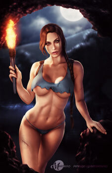 brown_eyes brown_hair cave highres lara_croft martaino moon panties patreon scar sky tomb_raider torn_clothes underwear watermark