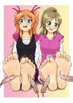 2girls :d arms_behind_back barefoot black_pants black_shirt blue_eyes blush border breasts brown_feathers brown_hair collarbone commentary commission dress feathers feet flickmann_ss foot_focus foreshortening frilled_sleeves frills furrowed_brow gradient_background green_eyes hair_between_eyes hair_bobbles hair_ornament hair_ribbon heart heart_print high_ponytail highres houjou_hibiki layered_sleeves light_smile long_hair long_sleeves looking_down minamino_kanade miniskirt multiple_girls open_mouth orange_hair pants parted_bangs pink_background pink_dress pink_ribbon pink_skirt pixiv_commission ponytail precure print_shirt ribbon shirt short_dress short_over_long_sleeves short_sleeves skirt sleeveless sleeveless_shirt small_breasts smile soles suite_precure tickling tickling_feet toes trembling two-tone_background two_side_up waist_ribbon white_border white_sleeves yellow_background