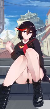 1girl absurdres bare_legs black_boots black_hair black_panties black_sailor_collar black_serafuku black_skirt blue_eyes blue_sky boots cityscape closed_mouth collarbone commentary frown full_body hair_between_eyes hand_up highres kill_la_kill knees_together_feet_apart knees_up lithiumelf long_sleeves looking_at_viewer matoi_ryuuko medium_hair multicolored_hair neckerchief outdoors panties pleated_skirt red_neckerchief red_streaks sailor_collar school_uniform senketsu serafuku sitting sitting_on_stairs sketch_background skirt sky solo stairs streaked_hair thighs tomboy two-tone_hair underwear
