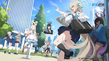 6+girls absurdres ahoge akane_(blue_archive) akane_(school_uniform)_(blue_archive) animal_ear_fluff animal_ears artist_request asuna_(blue_archive) asuna_(school_uniform)_(blue_archive) black-framed_eyewear black_hair black_halo blonde_hair blue_archive blue_cardigan blue_eyes blue_halo blue_sky breasts brown_cardigan brown_eyes brown_hair brown_halo building cardigan chinese_commentary city cityscape commentary_request copyright_logo copyright_notice cross_halo dark-skinned_female dark_skin detached_sleeves forehead fox_ears fox_girl hair_between_eyes halo highres holding holding_tablet_pc karin_(blue_archive) karin_(school_uniform)_(blue_archive) large_breasts logo long_hair multicolored_halo multiple_girls neru_(blue_archive) neru_(school_uniform)_(blue_archive) official_alternate_costume official_art open_mouth outdoors pleated_skirt purple_halo red_eyes rio_(blue_archive) school_uniform seia_(blue_archive) shirt skirt sky skyscraper small_breasts sweater tablet_pc toki_(blue_archive) toki_(school_uniform)_(blue_archive) tree turtleneck turtleneck_sweater two-tone_halo white_shirt white_sweater yellow_eyes yellow_halo