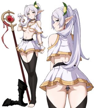 1girl absurdres adapted_costume ass belt black_boots black_thighhighs boots breasts capelet commentary crotchless crotchless_pantyhose earrings elf english_commentary feet food-themed_hair_ornament frieren full_body gold_trim green_eyes hair_ornament highres jewelry kekel lemon_hair_ornament long_pointy_ears mage_staff multiple_views navel panties pantyhose playing_with_own_hair pointy_ears simple_background skirt sousou_no_frieren staff standing striped_clothes striped_panties teardrop_earrings thighhighs thighs toeless_legwear toes underboob underwear unworn_boots white_background white_capelet white_skirt white_wrist_cuffs wrist_cuffs