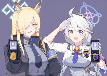 2girls ahoge animal_ear_fluff animal_ears armband badge black_gloves blonde_hair blue_archive blue_eyes blue_halo blue_shirt braid breasts collared_shirt commentary dog_ears dog_girl english_commentary extra_ears gloves hair_over_one_eye halo hat highres holding holding_badge id_card jacket kanna_(blue_archive) kirino_(blue_archive) large_breasts long_hair long_sleeves multiple_girls necktie notched_ear police_badge revolverwing salute sharp_teeth shirt teeth tie_clip twin_braids whistle whistle_around_neck white_gloves white_hair