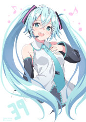 Rule 34 | 1girl, 39, aqua eyes, aqua hair, aqua nails, aqua necktie, bare shoulders, black sleeves, blush, dated, detached sleeves, grey shirt, hair ornament, hatsune miku, headset, highres, long hair, looking at viewer, miku day, musical note, necktie, nozomi tsubame, open mouth, shirt, simple background, solo, teeth, twintails, upper teeth only, very long hair, vocaloid, white background