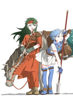 1other 2girls blue_eyes blue_hair bow_(weapon) closed_mouth fingerless_gloves fire_emblem fire_emblem:_the_binding_blade gloves green_eyes green_hair hairband highres holding holding_bow_(weapon) holding_polearm holding_weapon horse jihh7033p long_hair multiple_girls nintendo orange_hairband polearm saddle shanna_(fire_emblem) short_hair sue_(fire_emblem) weapon