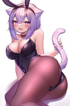 1girl absurdres ahoge animal_collar animal_ears ass bad_id bad_twitter_id bare_shoulders black_leotard blush breasts cat_ears cat_girl cat_tail cleavage collar deaver fang highres holding_own_tail hololive hololive_gamers kittysuit leotard looking_at_viewer lying medium_breasts nekomata_okayu nontraditional_playboy_bunny on_side open_mouth pantyhose pink_hair playboy_bunny purple_eyes rabbit_ears short_hair sitting smile solo tail thighs virtual_youtuber yokozuwari