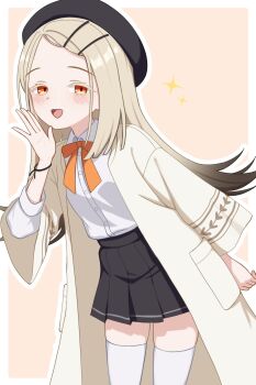 1girl black_hat black_skirt blonde_hair blush border coat collared_shirt cowboy_shot gakuen_idolmaster hat highres idolmaster io9 long_hair long_sleeves open_clothes open_coat open_mouth orange_eyes outline pleated_skirt shinosawa_hiro shirt shirt_tucked_in skirt smile solo thighhighs white_border white_outline white_shirt white_thighhighs wide_sleeves