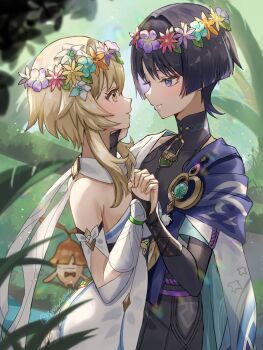 1boy 1girl aranara_(genshin_impact) black_gloves black_hair black_shorts black_sleeves blonde_hair blunt_ends blush breasts cape closed_mouth dress fingerless_gloves flower genshin_impact gloves hair_between_eyes hair_flower hair_ornament hat highres japanese_clothes jewelry long_hair lumine_(genshin_impact) mandarin_collar open_mouth purple_eyes purple_hair scaramouche_(genshin_impact) shirt short_hair short_sleeves shorts smile snow20200 vision_(genshin_impact) wanderer_(genshin_impact) white_dress white_sleeves yellow_eyes