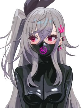 blush bodysuit bound breasts cloth_gag commentary_request gag gagged grey_hair hololive improvised_gag isaki_riona latex latex_bodysuit long_hair looking_to_the_side medium_breasts over_the_nose_gag purple_eyes raftetram restrained side_ponytail skin_tight very_long_hair virtual_youtuber