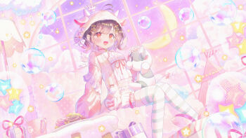 1girl :d animal_ears animal_hood antenna_hair balloon brown_eyes brown_hair bubble center_frills collared_shirt commentary_request copyright_request cow_ears cow_horns crescent_moon cup donut fake_animal_ears fake_horns feet_out_of_frame food frills hair_ornament hair_through_headwear hairclip hood hood_up horns ikari_(aor3507) jacket knees_together_feet_apart long_sleeves moon mug official_art open_clothes open_jacket open_mouth pennant pink_jacket puffy_long_sleeves puffy_sleeves purple_sky shirt shorts sitting sky smile solo star_(symbol) striped_clothes striped_thighhighs thighhighs virtual_youtuber white_shirt white_shorts window