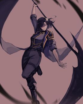 1girl belt black_hair black_jacket black_shirt bob_cut breasts fighting_stance floating_hair full_body gold_trim green_eyes hair_over_one_eye hand_up head_tilt highres holding holding_scythe incoming_attack jacket jet_(shadow_slave) logicsterrr looking_to_the_side motion_blur outstretched_arm scythe shadow_slave shirt short_hair sleeves_rolled_up smirk solo standing standing_on_one_leg