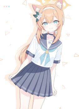 1girl absurdres animal_ear_fluff animal_ears arms_at_sides blue_archive blue_choker blue_eyes blue_neckerchief blue_sailor_collar blue_skirt blush cat_ears cat_girl choker closed_mouth collarbone commentary cowboy_shot curled_fingers double-parted_bangs drop_shadow dutch_angle flower hair_between_eyes hair_flower hair_ornament hair_ribbon hairband halo highres leaf_hair_ornament long_hair looking_at_viewer low_ponytail mari_(blue_archive) menglan_kio233 miniskirt neckerchief orange_hair orange_halo pleated_skirt ponytail ribbon sailor_collar sailor_shirt school_uniform serafuku shirt short_sleeves sidelocks skirt smile solo split_mouth standing summer_uniform triangle_background trinity_general_school_logo twitter_username white_background white_flower white_hairband white_ribbon white_shirt