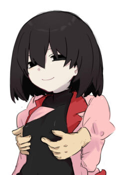 1girl black_eyes black_hair bob_cut breasts closed_mouth covered_erect_nipples empty_eyes grabbing_from_behind hair_between_eyes jacket lapels long_sleeves looking_at_viewer molestation monogatari_(series) naoetsu_high_school_uniform narrowed_eyes notched_lapels oshino_ougi pale_skin pink_jacket red_trim school_uniform shirt short_hair simple_background small_breasts smile tsugumi_(tgm_615486) undershirt upper_body very_long_sleeves white_background