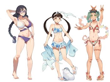 Rule 34 | 1girl, 3girls, absurdres, alternate costume, anklet, aqua hair, arm up, armpits, bare arms, bare legs, bare shoulders, barefoot, bikini, bikini skirt, bird, black hair, blue bikini, braid, breasts, brown eyes, cleavage, closed mouth, collarbone, commentary, double v, eyewear on head, firstdayiyui, flat chest, floral print, floral print bikini, flower, footwear flower, footwear ribbon, full body, glasses, gluteal fold, green eyes, hachikuji mayoi, hair ribbon, halterneck, hanekawa tsubasa, hat, highres, holding, holding towel, huge breasts, jewelry, large breasts, long hair, looking at viewer, monogatari (series), multiple girls, narrow waist, navel, ononoki yotsugi, open mouth, orange hat, pigeon-toed, platform sandals, pointy ears, print bikini, red ribbon, ribbon, sandals, seagull, seal (animal), shoes, side-tie bikini bottom, simple background, small breasts, standing, stomach, string bikini, sunglasses, swimsuit, tan, tanline, thick eyebrows, thigh strap, toes, towel, twin braids, twintails, untranslatable commentary, v, wedge heels, white background, white ribbon, white shoes