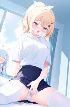 2girls absurdres blonde_hair blue_eyes blue_skirt blush breasts cloud commentary_request cowboy_shot crossed_bangs curtains day drawstring female_masturbation hair_between_eyes hair_intakes hair_ornament hair_ribbon hairclip highres hood hood_down indoors masturbation masturbation_through_clothes miniskirt multiple_girls ohako_miyu on_bed open_mouth original panties parallel_hairclips pleated_skirt ponytail pussy_juice pussy_juice_stain ribbon short_hair short_sleeves sitting skirt small_breasts solo_focus thighhighs underwear variant_set white_panties white_ribbon white_thighhighs window x_hair_ornament