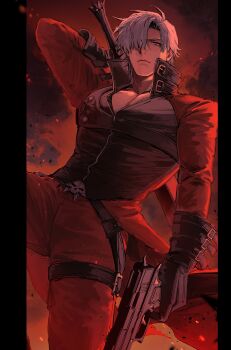 1boy absurdres asymmetrical_dual_wielding black_gloves black_jacket chest_strap cowboy_shot dante_(devil_may_cry) devil_may_cry devil_may_cry_(series) devil_may_cry_2 dual_wielding embers frown gloves grey_hair gun hair_over_one_eye highres holding holding_gun holding_sword holding_weapon jacket looking_at_viewer male_focus mesiellar pants parted_bangs pectorals red_pants red_sleeves skull_belt solo sword sword_on_back weapon weapon_on_back