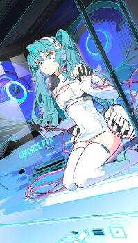 1girl absurdres aqua_eyes aqua_hair breasts cable cleavage cleavage_cutout clothing_cutout computer computer_fan dress dutch_angle geforce_rtx_4090 glasses goodsmile_company goodsmile_racing graphics_card hair_between_eyes hatsune_miku high_heels highres iwatnc medium_breasts nvidia racing_miku racing_miku_(2014) rgb_lights seiza short_dress sitting solo thighhighs twintails usb usb_port_(object) vocaloid white_thighhighs zettai_ryouiki