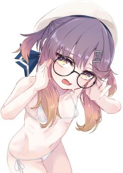 Rule 34 | 1girl, adjusting eyewear, alakoala, alternate costume, bespectacled, bikini, collarbone, commentary request, covered erect nipples, cowboy shot, flat chest, glasses, gradient eyes, gradient hair, hair between eyes, hair ornament, hair ribbon, hands up, hat, highres, kantai collection, leaning forward, looking at viewer, micro bikini, mole, mole under eye, multicolored eyes, multicolored hair, navel, open mouth, orange hair, peanut mouth, purple eyes, purple hair, ribbon, round eyewear, side-tie bikini bottom, sidelocks, simple background, solo, stomach, string bikini, sweat, swimsuit, tsushima (kancolle), two side up, white background, white bikini, white hat, yellow eyes