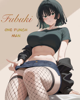 1girl absurdres arm_support arms_at_sides black_hair black_jacket black_shirt blue_skirt blunt_ends blush breasts brown_background character_name clothes_grab colored_inner_hair commentary_request copyright_name cowboy_shot crop_top cropped_shirt dated_commentary denim denim_skirt eyelashes fishnet_thighhighs fishnets from_below fubuki_(one-punch_man) green_eyes green_hair highres jacket jacket_partially_removed jmx_(j_m_x) large_breasts looking_at_viewer looking_down microskirt multicolored_hair navel off_shoulder on_bed one-punch_man open_clothes open_jacket parted_lips shirt short_hair short_sleeves single_sleeve sitting skirt skirt_grab solo stomach thighhighs thighs two-tone_background wispy_bangs