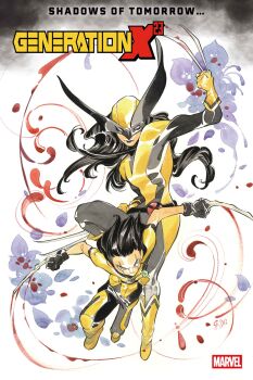 Rule 34 | 2girls, absurdres, black bodysuit, black gloves, black hair, blood, bodysuit, boots, claw (weapon), comic cover, company name, copyright logo, copyright name, cover, cover page, cowl, english text, flower, gabrielle kinney, gloves, green eyes, highres, honey badger (marvel), jewelry, laura kinney, logo, long hair, looking at viewer, marvel, multicolored bodysuit, multiple girls, necklace, official art, peach momoko, purple flower, scar, scar across eye, scar on face, siblings, sisters, superhero costume, vignetting, weapon, white background, wolverine (x-men), x-men, x-uniform, yellow bodysuit, yellow boots, yellow gloves