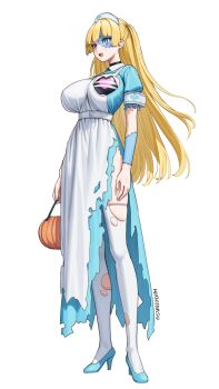 1girl apron bikini black_bikini blonde_hair blue_dress blue_eyes blue_shoes blue_skin blunt_bangs breast_cutout breasts colored_skin dress halloween_costume hat heterochromia high_heels highres large_breasts lina_(michihasu) long_dress long_hair michihasu multicolored_skin nurse nurse_cap open_mouth original puffy_short_sleeves puffy_sleeves shoes short_sleeves solo stitched_arm stitched_face stitches swimsuit thighhighs torn_apron torn_clothes torn_dress two-tone_skin white_apron white_thighhighs zombie_costume