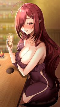 1girl black_dress breasts candle character_request cleavage collarbone commentary_request commission copyright_request cup dress hair_ornament hair_over_one_eye hairpin highres holding holding_cup ice ice_cube jewelry lips long_hair looking_at_viewer necklace pointy_ears red_eyes red_hair shadow sitting skeb_commission smile solo table ymr_yamero