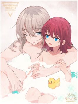 2girls bath blue_eyes brown_hair bubble_bath commentary convenient_censoring eyebrows_hidden_by_hair girls_band_cry grey_eyes grey_hair highres holding_hands iseri_nina kawaragi_momoka milk_puppy multicolored_hair multiple_girls one_eye_closed red_eyes red_hair rubber_duck shared_bathing short_hair soap_bubbles soap_censor symbol-only_commentary yuri