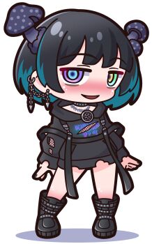 1girl :d absurdres black_boots black_hair black_hoodie blue_eyes blue_hair blush boots chibi commentary_request full_body green_eyes heterochromia highres hood hood_down hoodie indie_virtual_youtuber kinokoma_tango long_sleeves looking_at_viewer multicolored_hair mushroom open_mouth puffy_long_sleeves puffy_sleeves purple_eyes saishosaisekojo shadow simple_background smile solo standing torn_clothes torn_hoodie two-tone_hair virtual_youtuber white_background yellow_eyes