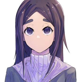 1girl arms_at_sides black_eyes black_hair chinese_commentary commentary_request drawstring grey_hood grey_jacket highres hightguy hood hood_down hooded_jacket jacket long_hair looking_at_viewer no_mouth no_nose open_clothes open_jacket original parted_bangs portrait ribbed_sweater sidelocks simple_background solo straight-on straight_hair sweater tareme thick_eyebrows turtleneck turtleneck_sweater upturned_eyes white_background white_sweater