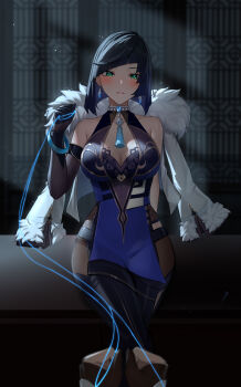 1girl 1other anming arm_behind_back bare_shoulders bead_choker beads blue_hair blush bob_cut bodysuit bound bound_wrists bracelet breasts choker clothing_cutout collarbone crossed_legs diagonal_bangs dice earrings elbow_gloves fishnets fur-trimmed_jacket fur_trim genshin_impact gloves green_eyes highres hip_vent holding holding_string jacket jacket_on_shoulders jewelry looking_at_viewer lumine_(genshin_impact) mole mole_on_breast parted_lips pelvic_curtain pov short_hair sitting sleeveless solo_focus string tassel thread white_choker white_jacket wide_hips yelan_(genshin_impact)