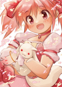 Rule 34 | 1girl, :d, absurdres, blush, bow, choker, creature, cross-eyed, dot nose, falling petals, film grain, gloves, hair bow, hand up, happy, highres, holding, holding creature, kaname madoka, kaname madoka (magical girl), kyubey, looking ahead, mahou shoujo madoka magica, open mouth, petals, pink choker, pink eyes, pink hair, puffy short sleeves, puffy sleeves, short sleeves, sidelocks, signature, simple background, smile, solo, swept bangs, twintails, upper body, white background, white gloves, wind, xixiriima