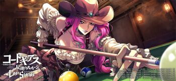 1girl breasts cleavage code_geass code_geass:_lost_stories cornelia_li_britannia cowboy_hat cue_stick hat highres large_breasts long_hair official_art pool_table purple_eyes purple_hair purple_lips solo table