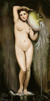 1girl animal barefoot breasts brown_hair commentary completely_nude feet fine_art_parody fish holding holding_animal holding_fish navel nipples nude parody puffer_fish sakyu_(shamo0301) signature solo the_source water waterfall