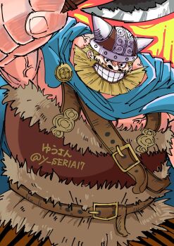 Rule 34 | 1boy, axe, beard, belt, blonde hair, blue cloak, brogy (one piece), clenched teeth, cloak, commentary request, facial hair, helmet, highres, holding, holding axe, looking at viewer, male focus, one piece, smile, solo, teeth, twitter username, yu-san (seria7)