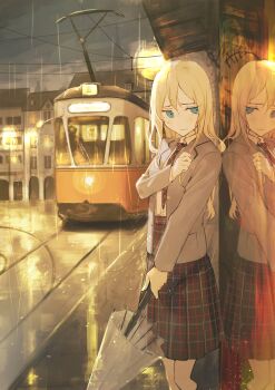 1girl alt_(apou) black_necktie black_skirt blazer blonde_hair blue_eyes breasts building closed_mouth closed_umbrella collared_shirt commentary_request double-parted_bangs dress_shirt european_architecture feet_out_of_frame grey_jacket grey_sky hand_on_own_chest hand_up high-waist_skirt highres holding holding_umbrella jacket long_hair long_sleeves looking_at_reflection medium_breasts necktie open_clothes open_jacket original outdoors overcast overhead_line pantograph plaid_clothes plaid_necktie plaid_skirt pleated_skirt power_lines railroad_tracks rain reflection road shirt shirt_tucked_in skirt sky solo street streetcar transparent transparent_umbrella umbrella white_shirt