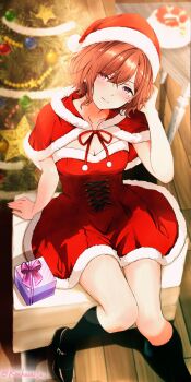 1girl absurdres alternate_costume arm_support black_socks box brown_hair brown_shoes cake capelet christmas_tree commentary_request dress food fur-trimmed_capelet fur-trimmed_dress fur-trimmed_headwear fur_trim gift gift_box hat head_tilt highres higuchi_madoka idolmaster idolmaster_shiny_colors indoors kneehighs knees_together_feet_apart koukashita light_smile loafers looking_at_viewer mole mole_under_eye pink_eyes red_capelet red_dress red_hat santa_costume santa_hat shoes short_hair sitting socks solo twitter_username wooden_floor