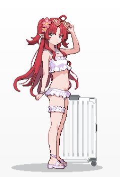 1girl ahoge arknights bare_shoulders bikini earrings eyewear_on_head flower frilled_bikini frilled_thigh_strap frills gamepix green_eyes hair_flower hair_ornament heart heart-shaped_eyewear highres jewelry long_hair looking_at_viewer myrtle_(arknights) myrtle_(summer_flowers)_(arknights) navel official_alternate_costume pixel_art pointy_ears red_hair rolling_suitcase sandals solo standing stomach suitcase swimsuit thigh_strap tinted_eyewear white_bikini white_sandals