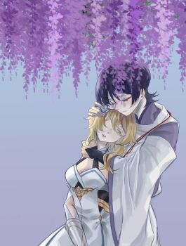 1boy 1girl absurdres aqua_flower arm_cutout black_corset black_hair blonde_hair blue_trim blunt_ends breasts chin_rest cleavage closed_eyes closed_mouth clothing_cutout commentary corset crying crying_with_eyes_open dress english_commentary eyelashes eyeliner eyeshadow flower genshin_impact grey_background hair_flower hair_ornament halterneck hand_on_another's_head hand_on_another's_neck head_on_head head_rest hetero highres hug hug_from_behind japanese_clothes kariginu kimono layered_sleeves leaning_on_person looking_down lumine_(genshin_impact) makeup medium_breasts multicolored_flower parted_lips purple_kimono purple_sleeves red_eyeliner red_eyeshadow red_lips sanim12607849 scaramouche_(genshin_impact) scaramouche_(kabukimono)_(genshin_impact) scarf short_hair short_hair_with_long_locks shoulder_cutout sidelocks smile tears vambraces white_dress white_flower white_mouth white_scarf white_sleeves wide_sleeves wispy_bangs wisteria yellow_eyes