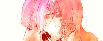 Rule 34 | 2girls, absurdres, amaori renako, ao (aymr6215), blush, bow, bowtie, brown hair, closed eyes, collared shirt, commentary, highres, holding hands, imminent kiss, long hair, looking at another, medium hair, multiple girls, parted lips, pink hair, red bow, red bowtie, sena ajisai, shirt, simple background, watashi ga koibito ni nareru wake naijan murimuri!, white background, white shirt, yuri