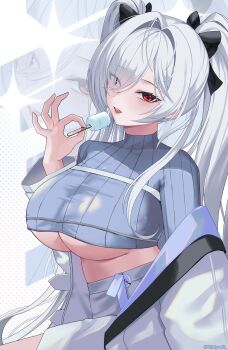 absurdres alternate_costume black_bow bow breasts cinderella_(nikke) commentary_request food gimyogi goddess_of_victory:_nikke grey_jacket grey_skirt hair_bow hair_intakes hair_over_one_eye highres holding holding_food holding_popsicle jacket korean_commentary large_breasts long_sleeves melting melting_popsicle one_eye_covered open_mouth popsicle popsicle_stick red_eyes skirt underboob