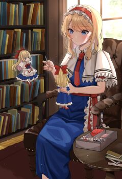 Rule 34 | 3girls, absurdres, alice margatroid, alternate neckwear, apron, armchair, blonde hair, blue dress, blue eyes, book, bookshelf, bow, bowtie, capelet, chair, closed mouth, commentary, dinotodon, dress, floating, frilled apron, frilled hairband, frills, hair bow, hairband, highres, long dress, long hair, multiple girls, necktie, object request, red bow, red bowtie, red hair, red necktie, red sash, red shoes, sash, shanghai doll, shoes, short sleeves, sitting, smile, socks, swept bangs, table, touhou, waist apron, white apron, white capelet, white socks, window