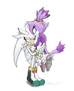 1boy 1girl artist_name blaze_the_cat boots carrying carrying_person cat_tail closed_eyes couple furry furry_female furry_male gloves hetero high_heels highres korowind silver_the_hedgehog simple_background smile sonic_(series) tail white_gloves yellow_eyes