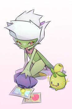 :d alternate_color black_eyes blush bright_pupils budew character_print commentary_request ebichi_(mon600n) gen_3_pokemon gen_4_pokemon highres nintendo no_feet no_humans open_mouth photo_(object) pokemon pokemon_(creature) roselia_(pokemon) roserade shiny_pokemon smile smoliv sparkle tongue wavy_mouth white_background white_pupils