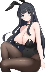Rule 34 | 1girl, animal ears, armpit crease, arms at sides, bare arms, bare shoulders, black bow, black bowtie, black hair, black hairband, black leotard, blue eyes, blunt bangs, blush, bow, bowtie, breasts, brown pantyhose, cleavage, closed mouth, commentary request, covered navel, detached collar, fake animal ears, feet out of frame, hairband, highleg, highleg leotard, highres, ikaruga (senran kagura), invisible chair, knee up, large breasts, leotard, long hair, looking at viewer, pantyhose, playboy bunny, rabbit ears, senran kagura, sidelocks, sitting, smile, solo, strapless, strapless leotard, surippa1010, very long hair