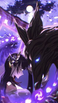 1girl architecture armor blue_eyes blunt_bangs blurry blurry_background braid bridal_gauntlets cherry_blossoms closed_eyes closed_mouth commentary_request crying depth_of_field east_asian_architecture electricity falling_petals fan_hair_ornament flower flower_ornament fox fox_girl fox_statue from_side fruct0se_fa full_moon genshin_impact glowing glowing_eyes glowing_petals hair_ornament heads_together highres japanese_clothes kimono light_smile long_braid long_hair mitsudomoe_(shape) mole mole_under_eye monster_girl moon moonlight multicolored_hair neck_ribbon night off_shoulder outdoors petals petting powering_up purple_flower purple_kimono purple_nails raiden_shogun red_ribbon ribbon shade shoulder_armor single_braid sky standing star_(sky) starry_sky statue streaked_hair tomoe_(symbol) tree upper_body